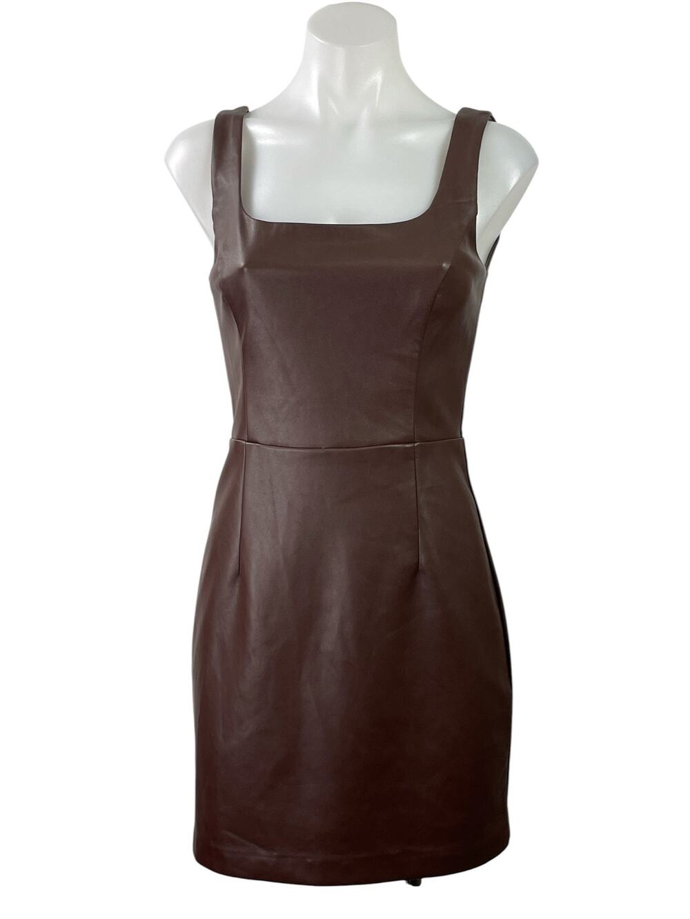 Aqua Brown Faux Vegan Leather Sleeveless Square Neck Zipper Mini Sheath Dress XS